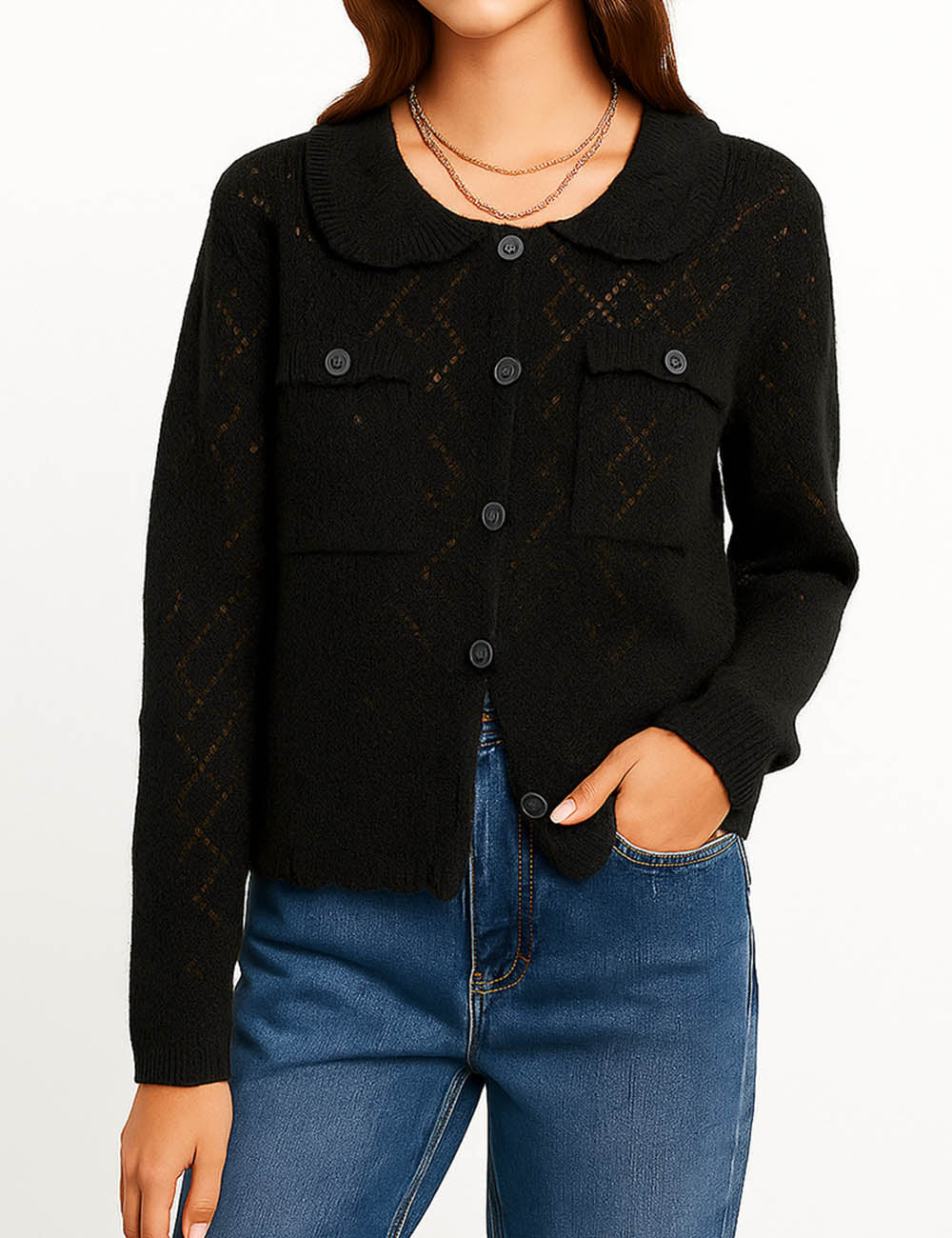 Ladies Diamond Knit Cardigan Hollow Out Peter Collar Sweater Top