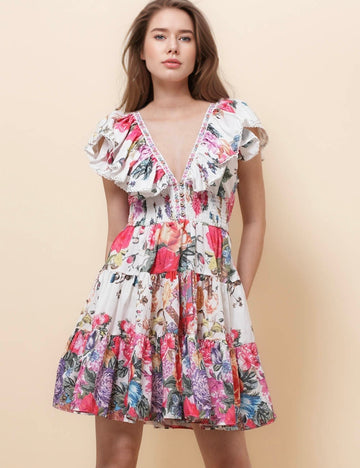 Ladies V-Neck Short Sleeves Floral Print Mini Dress SKD51129