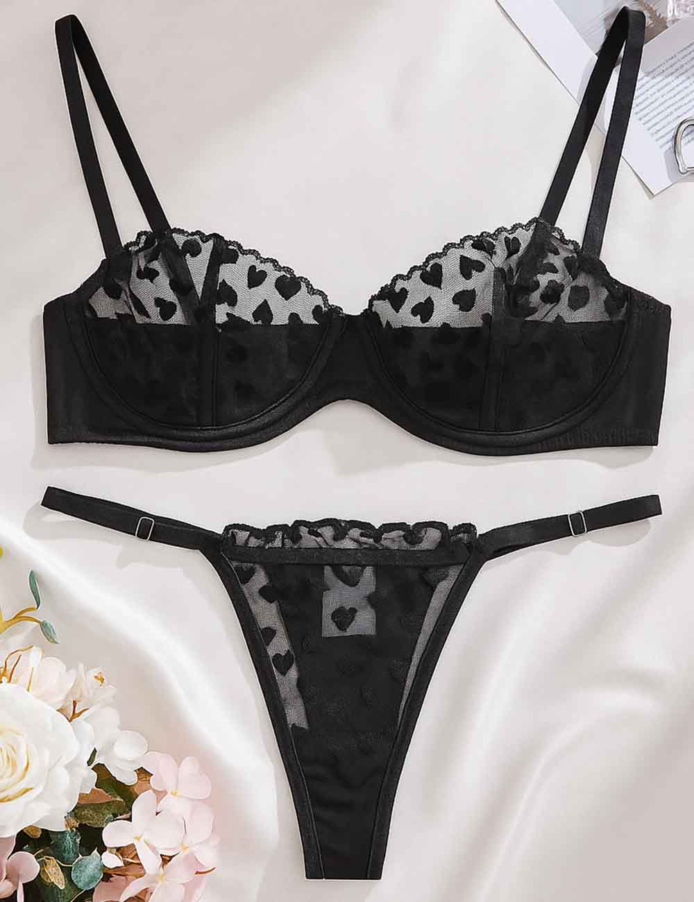 Ladies Heart Embroidery Sheer Mesh Lingerie Set