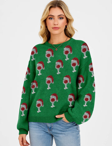 Ladies Christmas Wine & Santa Hat Puff Sleeves Holiday Sweater