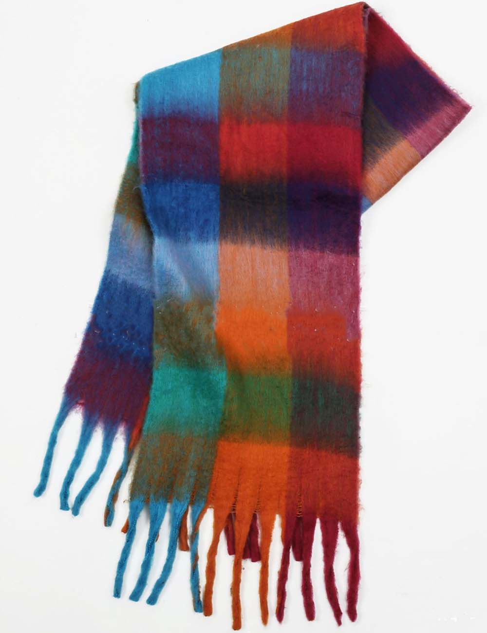 Ladies Warm Colorful Plaid Fringe Knit Scarf