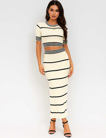 Ladies Color Block Striped Knit Cropped Top & Skirt 2PCS Set