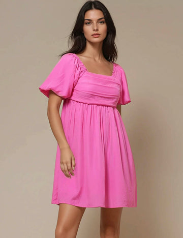 Ladies Solid Color Bubble Sleeves Mini Dress SKD50284