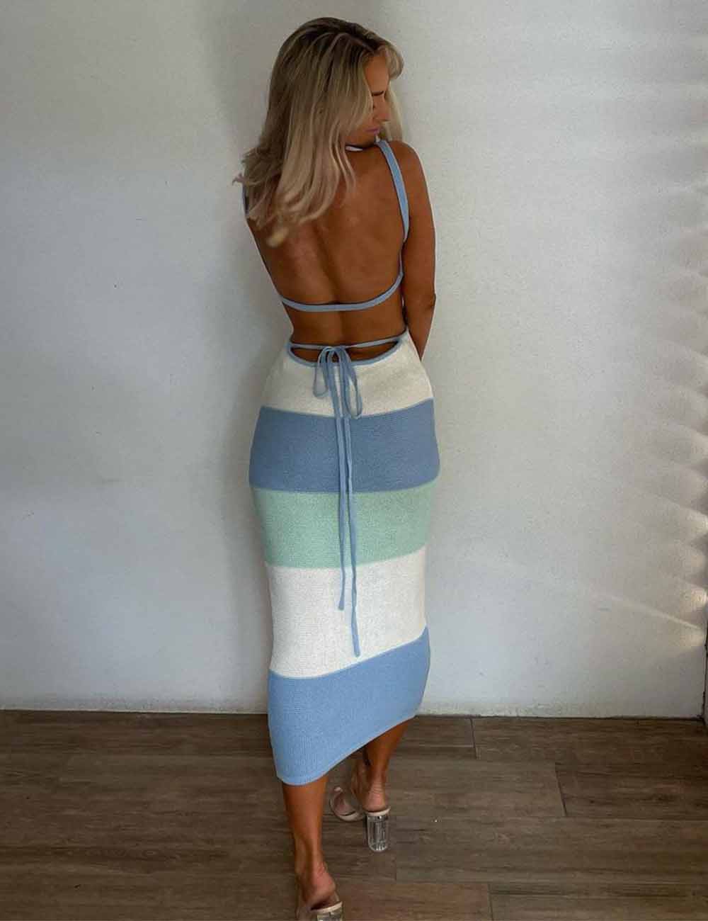 Ladies Stripe Back String Tie Slim Fit Knit Midi Dress 0408