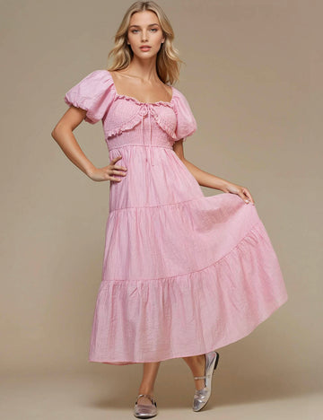 Ladies Square Neck Bubble Sleeves Midi Dress SKD50304