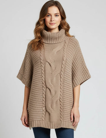 Ladies Cable Knit Turtle Neck Pullover Shawl Sweater Top