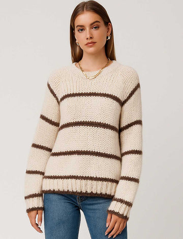 Ladies Striped Color Block Round Neck Ribbed Knit Sweater