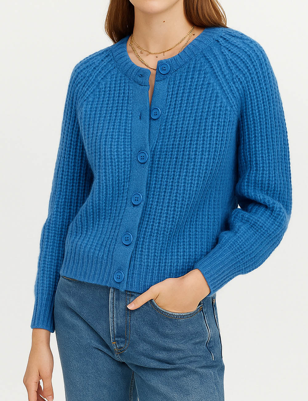Ladies Solid Color Ribbed Knit Button Front Crop Cardigan