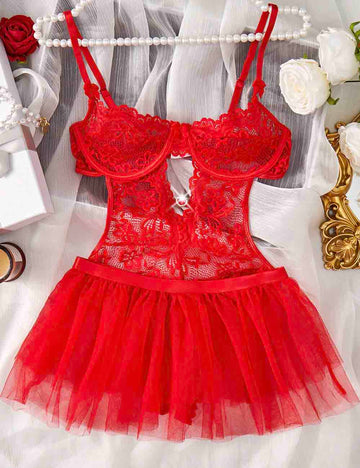 Ladies Floral Lace Hollow Out Spicy Teddy Set 8HF4185