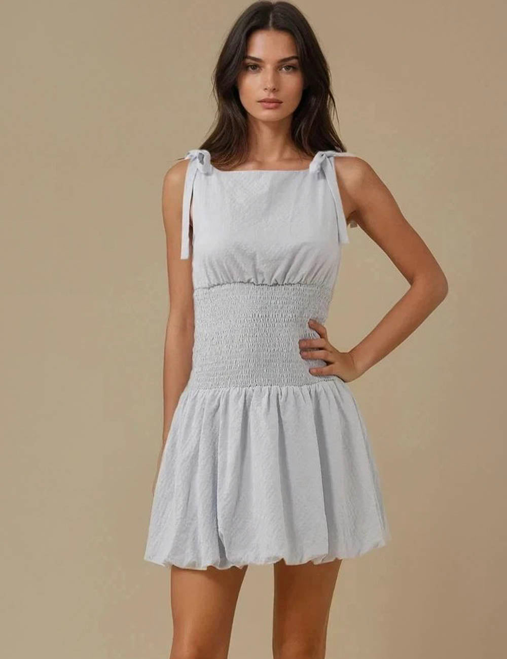 Ladies Strape Tie Shoulder Sleeveless Puff Mini Dress SKD5M22