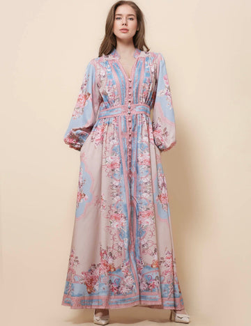 Ladies V-Neck Long Sleeves Floral Print Maxi Dress SKD51279