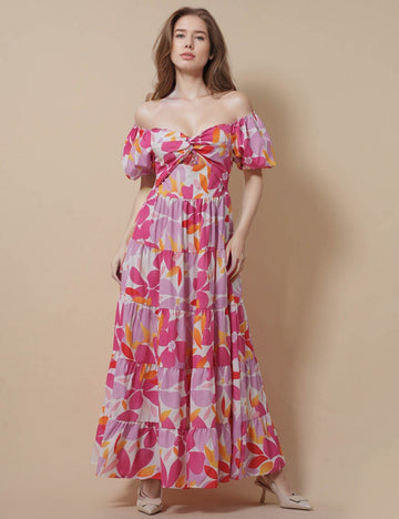 Ladies Off-Shoulder Puff Sleeves Floral Print Maxi Dress SKD51118