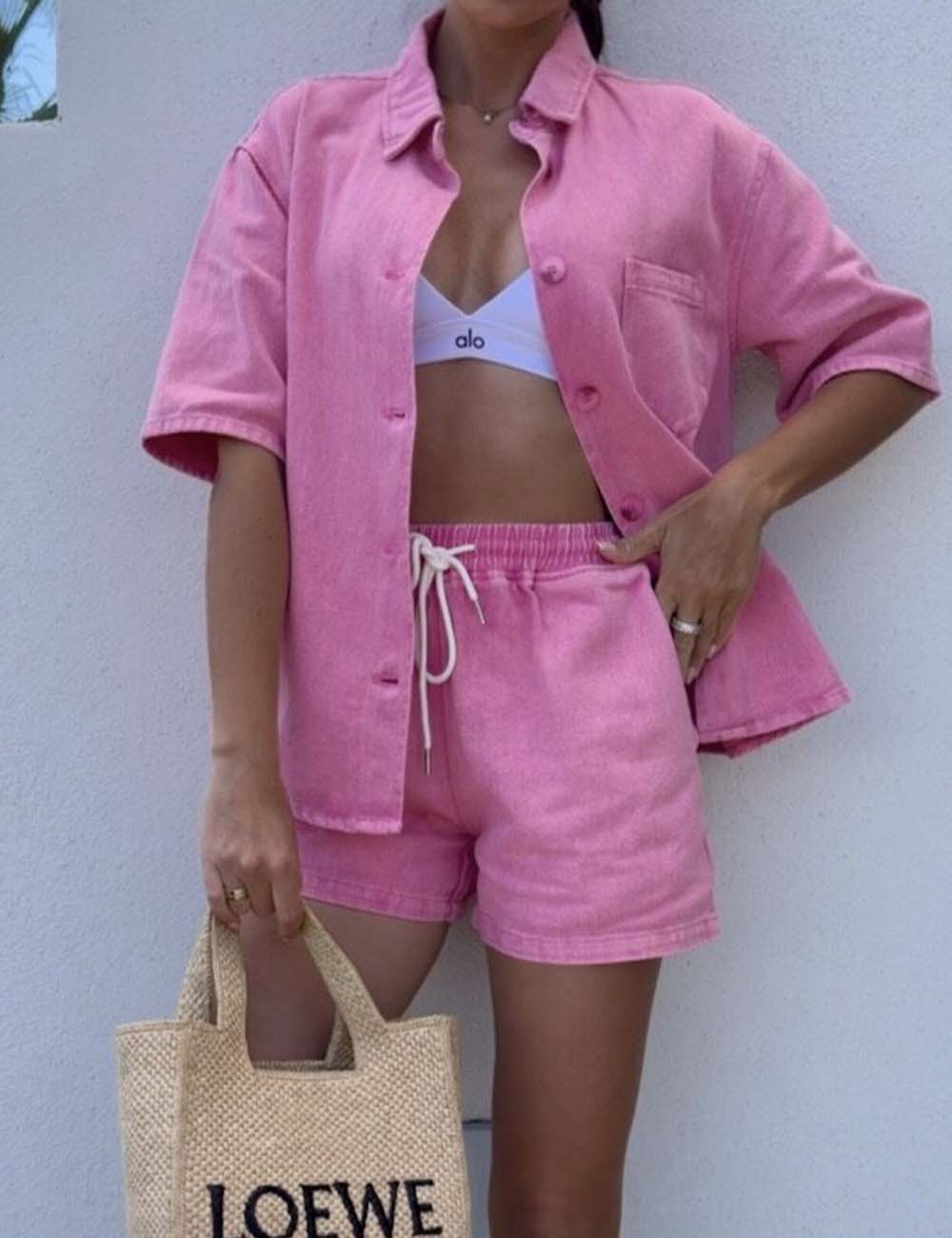 Ladies Turndown Collar Short Sleeves Top & Shorts Denim Set