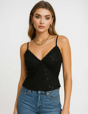 Ladies Tweed Sequin Wrap V-Neck String Shoulder Corest Top