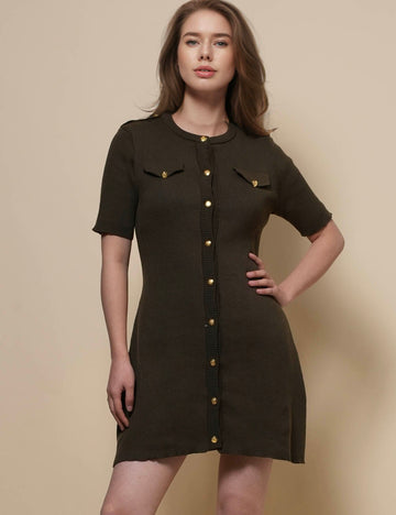 Ladies Short Sleeves Button Knit Mini Dress SKD50140