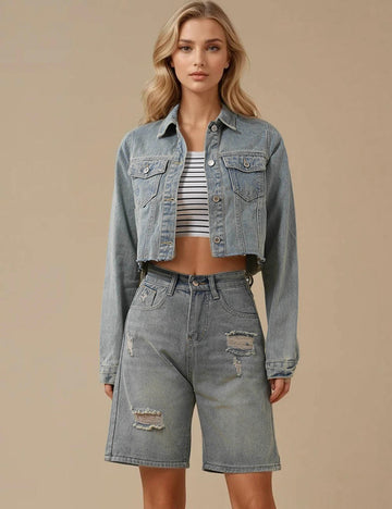 Ladies Destressed Button Denim Jacket Crop Jacket SKT3396