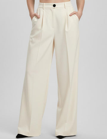 Ladies Solid Color Zip Fly Wide Leg Pants