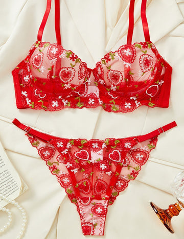 Ladies Heart Embroidery sexy 2PCS Lingerie Set SKLG4130