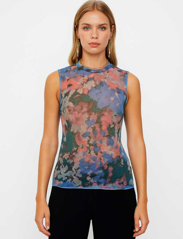 Women Multicolor Inregular See Sheer Mesh Tank Top