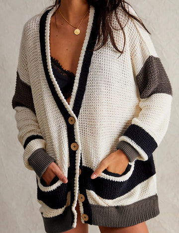 Ladies Color Block Botton Open Cardigan SKT41171