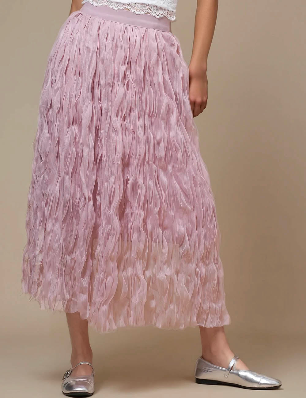Ladies Elastic Waist Gauzy Midi Skirt SKS50449
