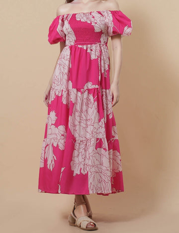 Ladies Floral Print Bubble Sleeves Maxi Dress 8SKD51119
