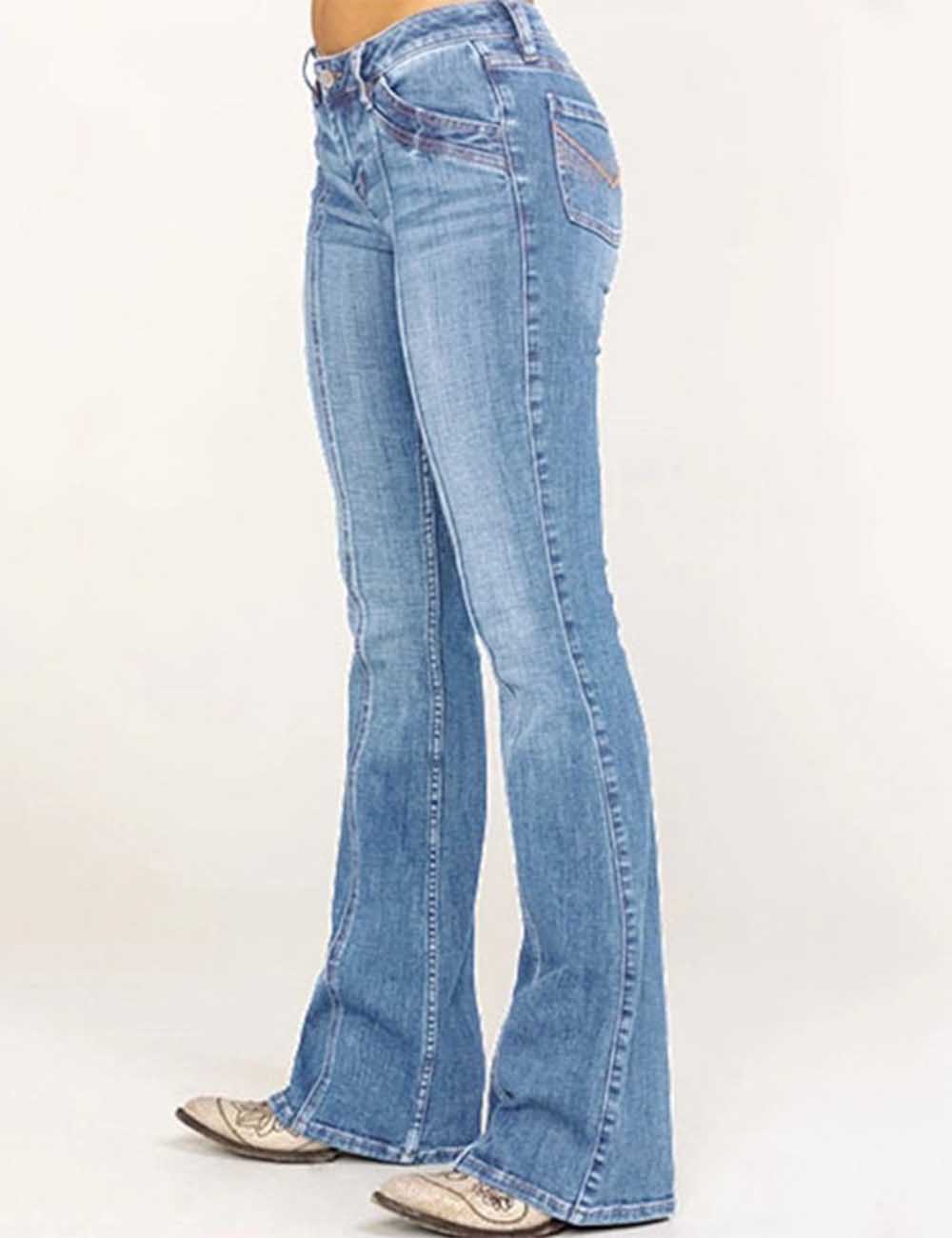 Ladies Button Pocket Flared Leg Denim Pants