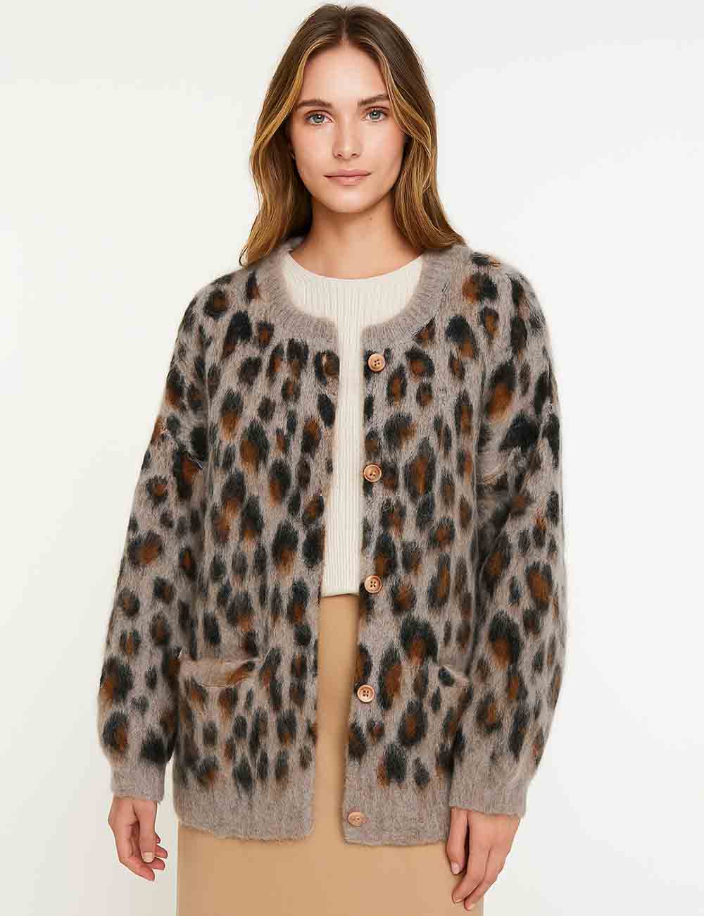 Ladies Leopard Long Sleeves Pocket Knit Cardigan