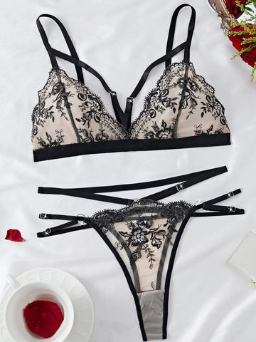 Ladies Floral Embroidery Bra Thong 2PCS Lingerie Set SKLG4004