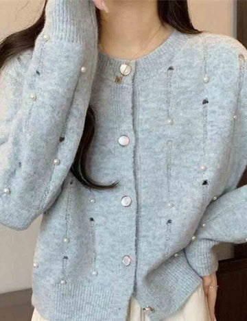 Ladies Round Collar Long Sleeves Distressed Knit Cardigan