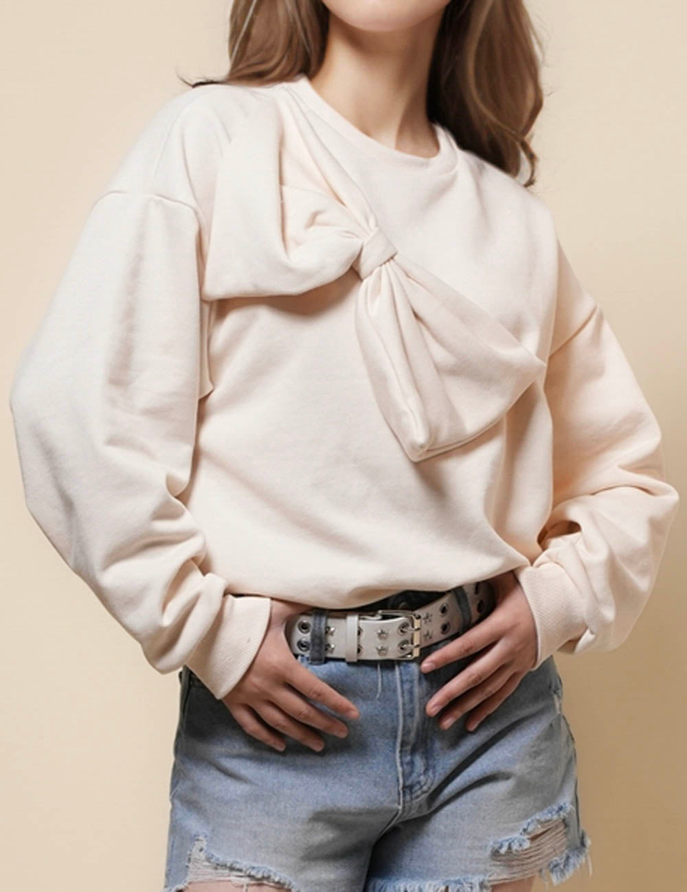 Ladies Round Neck Big Bowknot Sweatshirt SKT41302