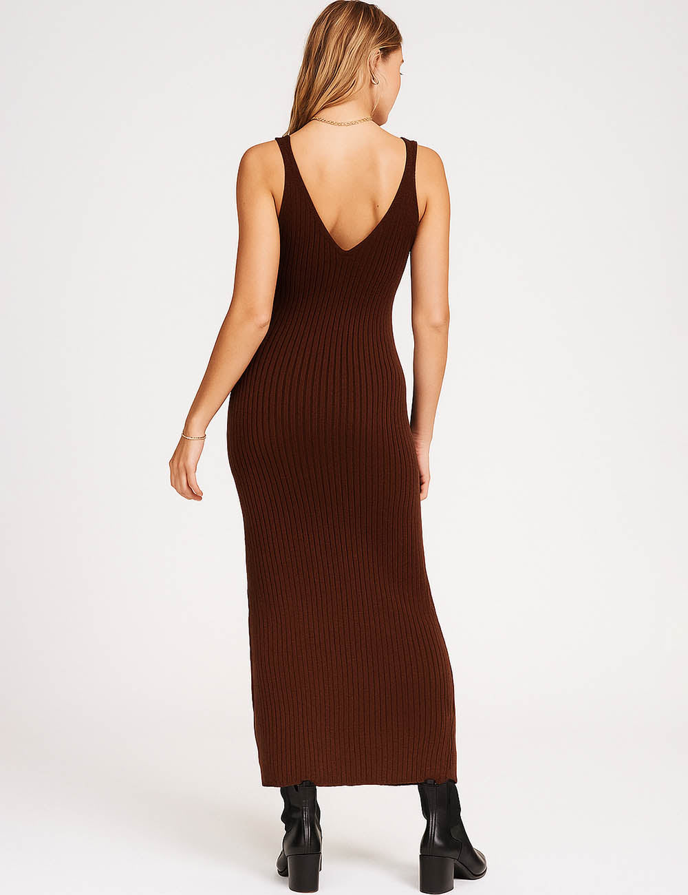 Ladies Ribbed Knit V-Neck Sleeveless Hip Wrap Maxi Dress