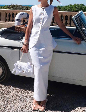 Ladies Solid Color Linen Blend Button Pocket Vest & Skirt Set