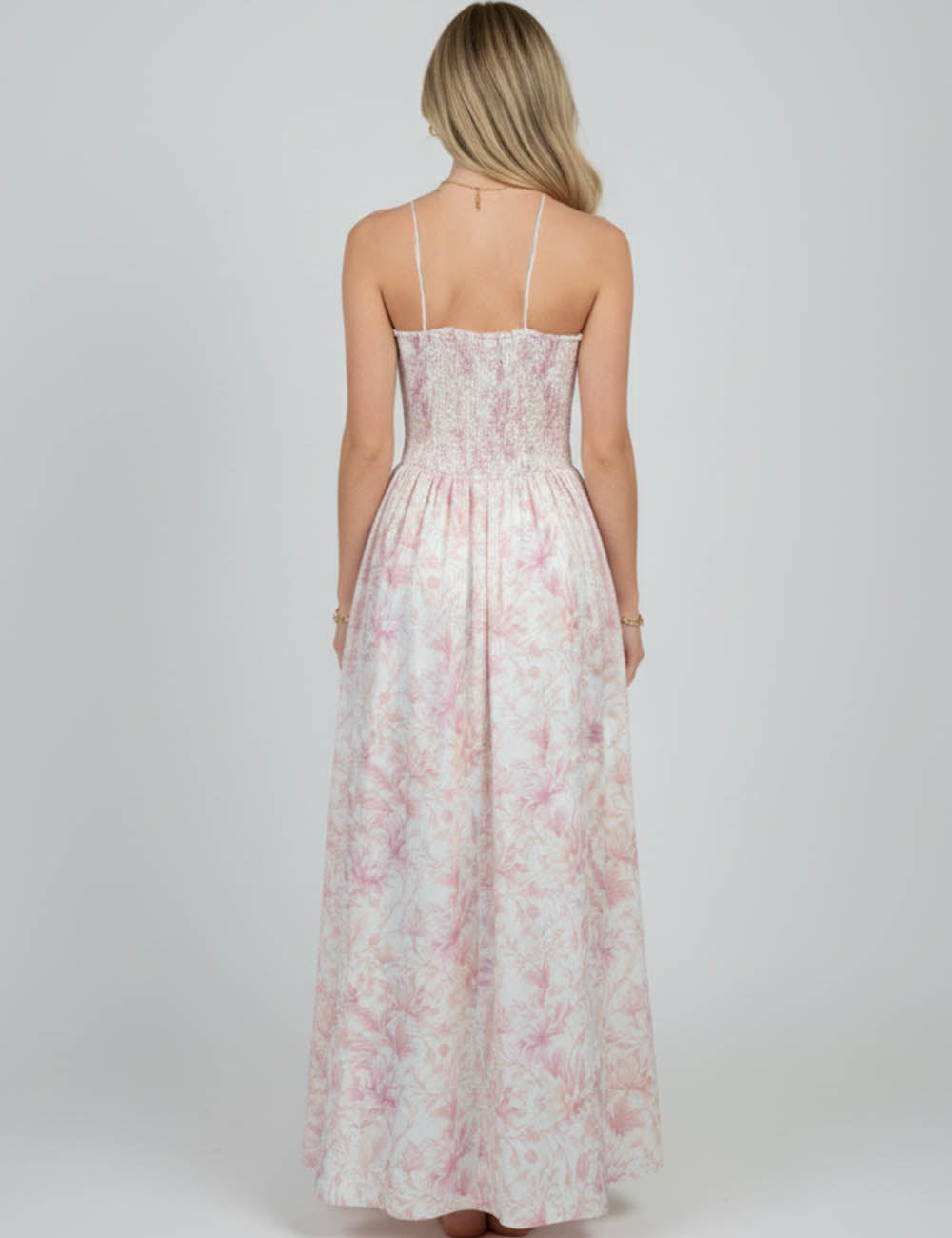 Ladies Floral Print Back Smocked String Shoulder Maxi Dress