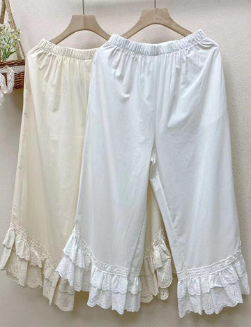 Ladies Solid Color Ruffle Eyelet Pull-On Pants
