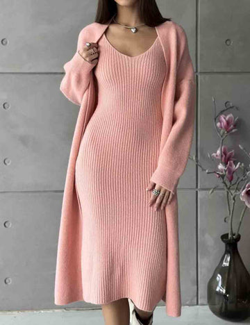 Ladies Solid Color Knit Midi Dress & Cardigan 2PCS Set