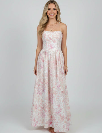 Ladies Floral Print Back Smocked String Shoulder Maxi Dress