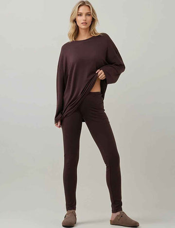 Ladies Round Neck Solid Color Long Sleeves Loungewear Set