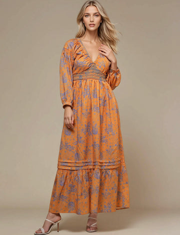 Ladies V-Neck Bubble Sleeves Floral Maxi Dress SKD50414
