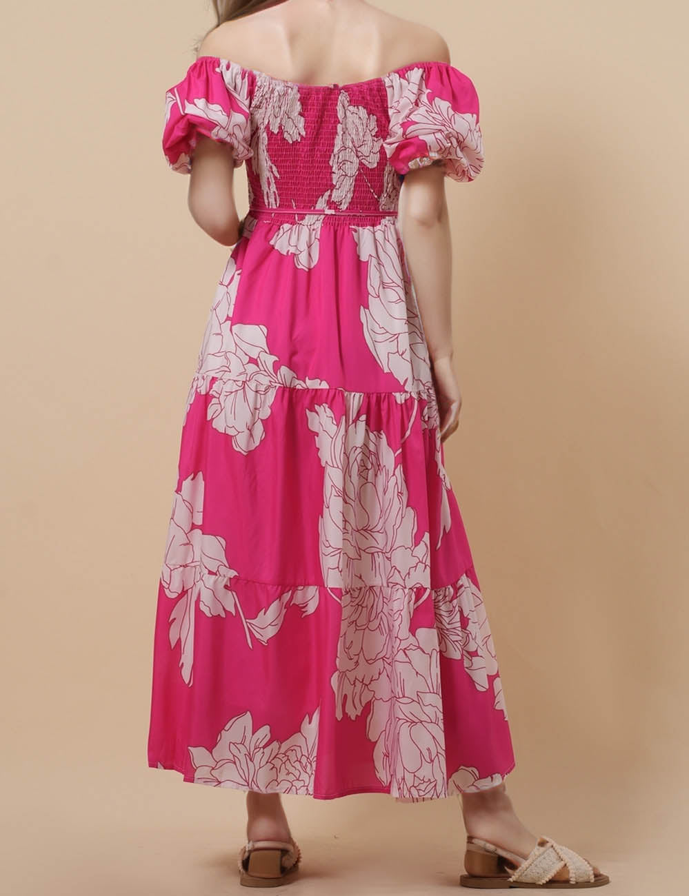 Ladies Floral Print Bubble Sleeves Maxi Dress 8SKD51119