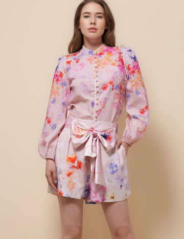 Ladies Stand Collar Floral Print Top & Pants Set SKST51283