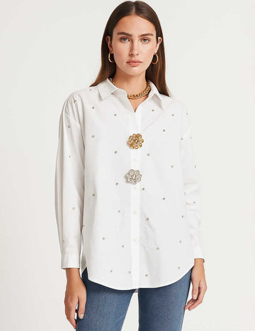Ladies White 3D Flower Shiny Beading Button Down Shirt
