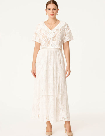 Ladies See Sheer Lace Ruffle V-Neck Top & Skirt Set