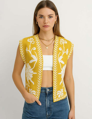 Ladies Floral Pattern Open Front Sleeveless Knit Vest