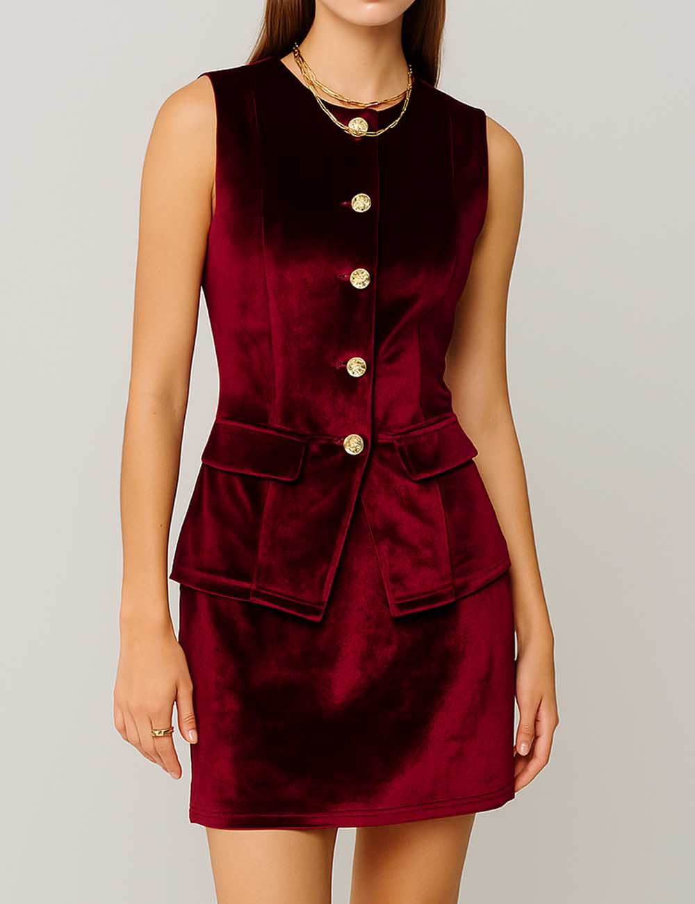 Ladies Chic Velvet Sleeveless Mental Button Top & Skirt Set