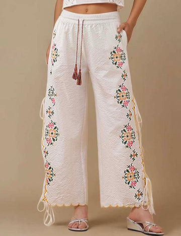Ladies Elastic Waist String Tie Floral Embroidery Pants