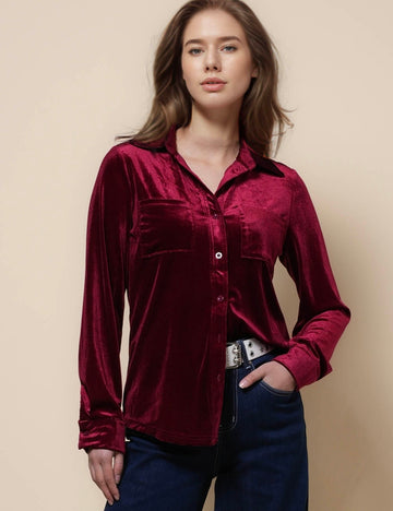 Ladies Velvet Turndown Collar Button Down Shirt SKT41102