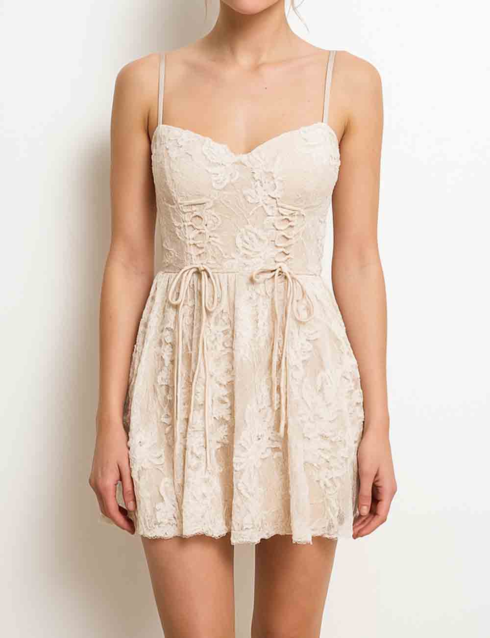 Ladies Floral Embroidery Sweetheart Spaghetti Strap Drawstring Mini Dress