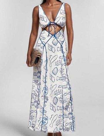 Ladies V-Neck Color Block Print Cut-Out Backless Tie Maxi Dress