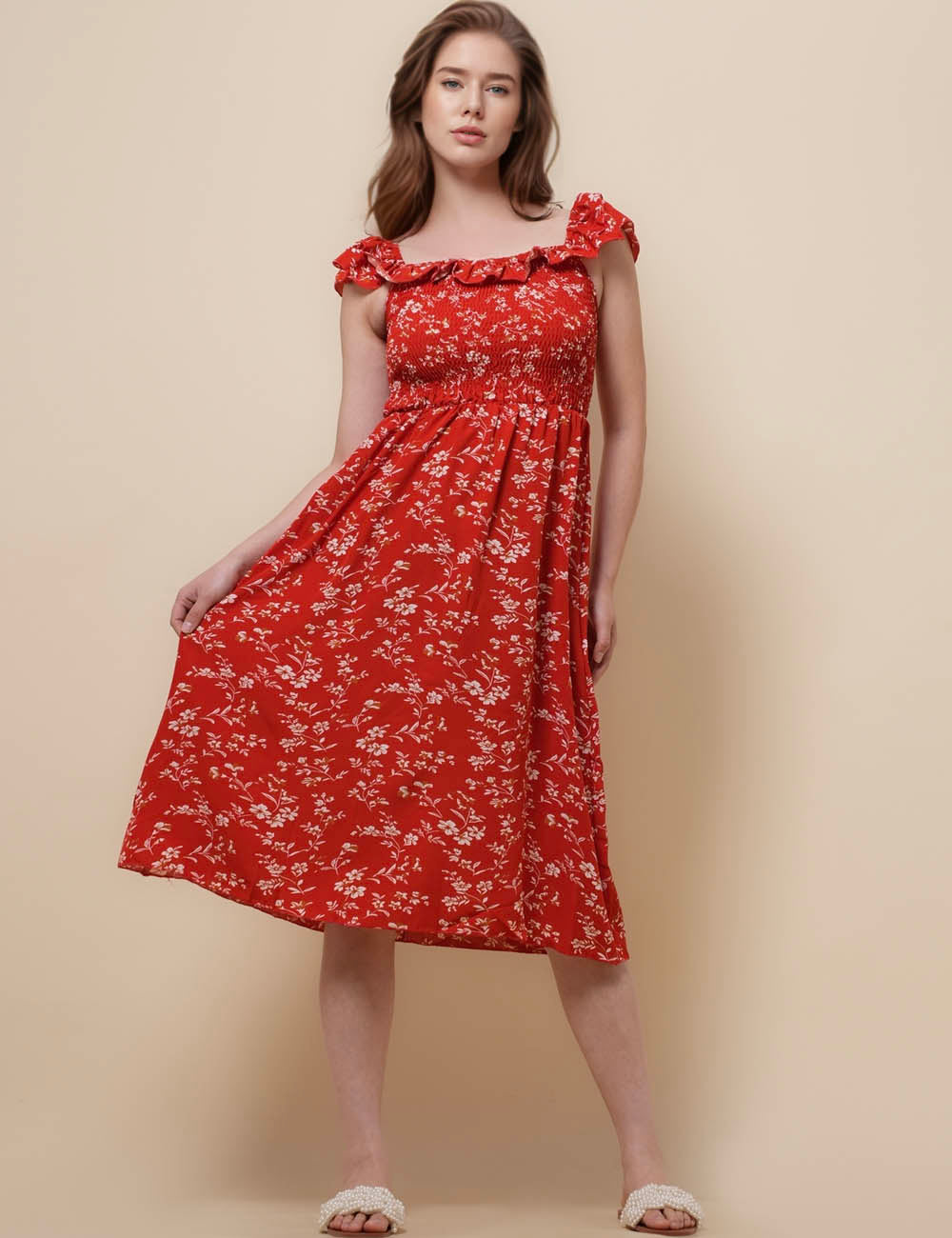 Ladies Square Neck Floral Print Midi Dress SKD51138